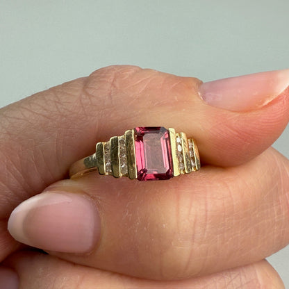 Solid 10K Yellow Gold Vintage Pink Tourmaline and Diamond Ring, Size 7