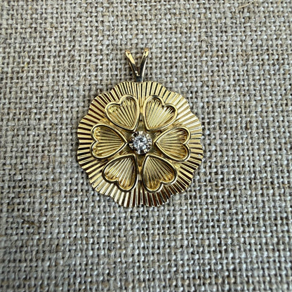 Vintage Solid 14K Yellow Gold Engine-turned Heart Pendant with Diamond, 4.10 g