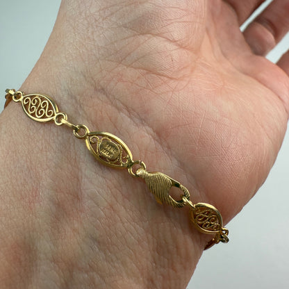 7" Vintage Solid 14K Yellow Gold Italian Oval Filigree Bracelet with Etched Clasp, 4 g