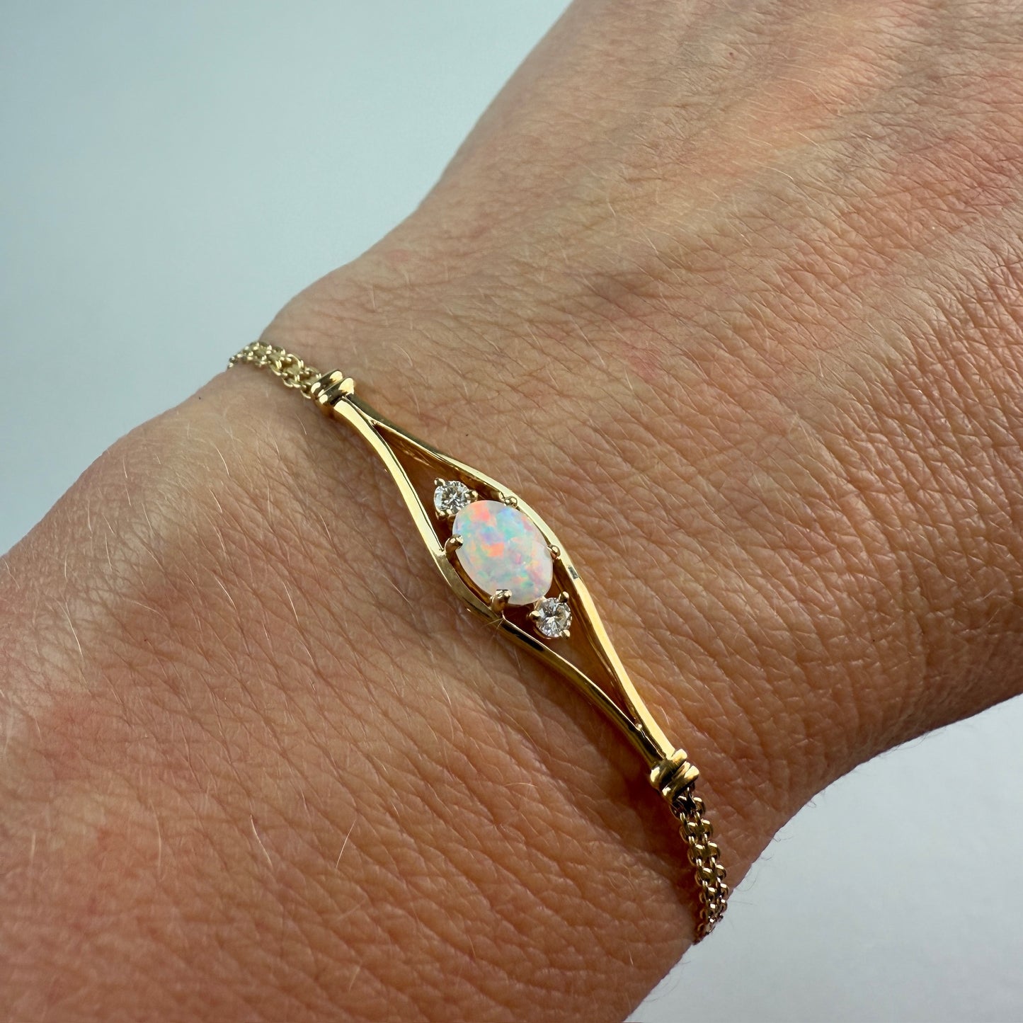 5.5-5.75" Solid 14K Yellow Gold Opal and Diamond&nbsp; Bracelet, 3.57 g