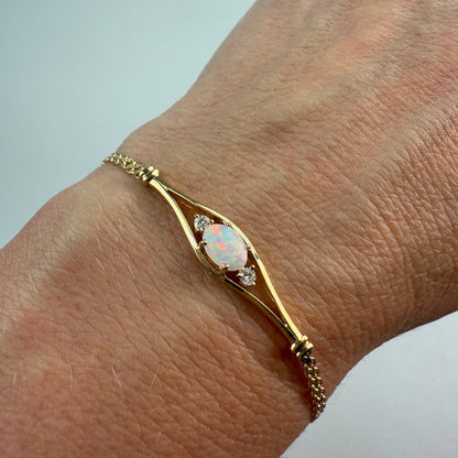 5.5-5.75" Solid 14K Yellow Gold Opal and Diamond&nbsp; Bracelet, 3.57 g