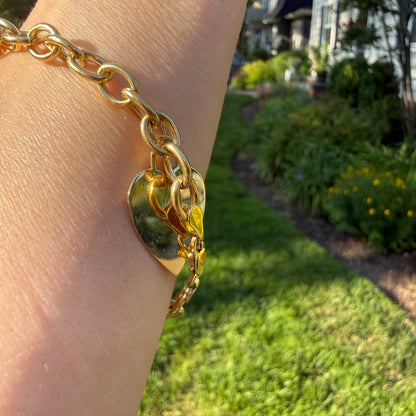 7.25+" Solid 14k Yellow Gold Oval Link Bracelet with Heart Charm Bracelet, 6.28 g