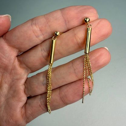 14k Solid Yellow Gold Ball Chain Tassel Dangle Earrings, 2.15 g