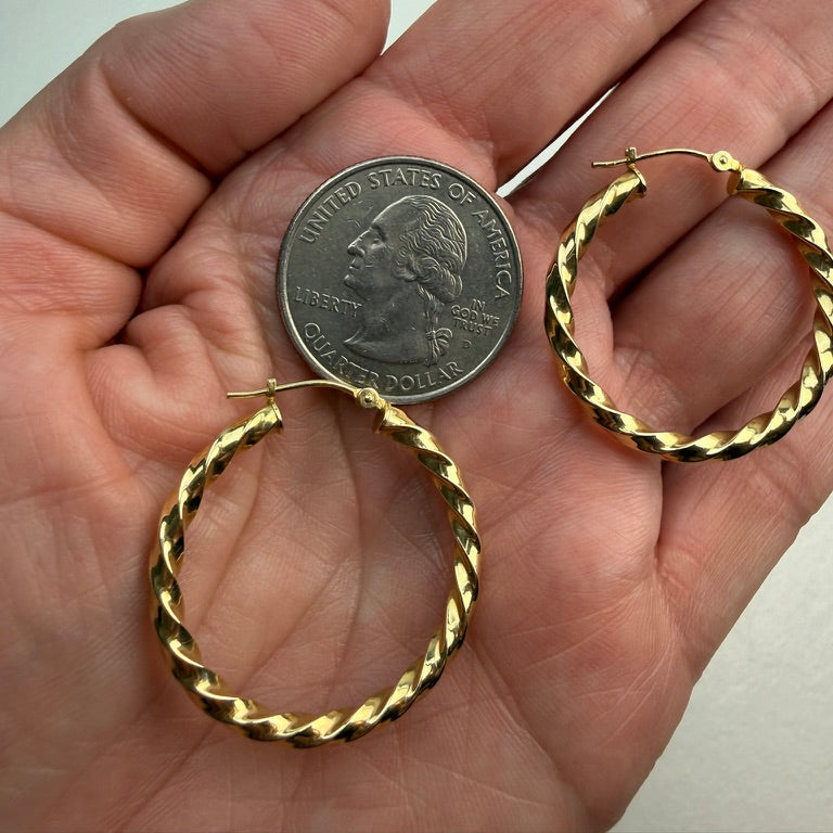 14k Solid Yellow Gold Mid-size Classic Twisted Hoop Earrings, 1.82 g