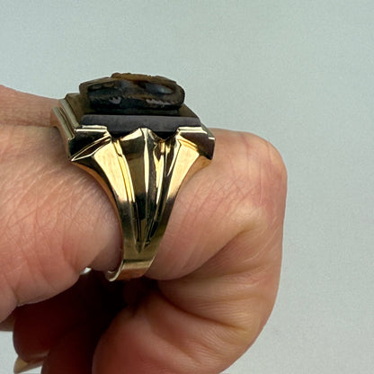Vintage Solid 10K Yellow Gold and Tiger's Eye Double Soldier with Ring, Size 8.75
