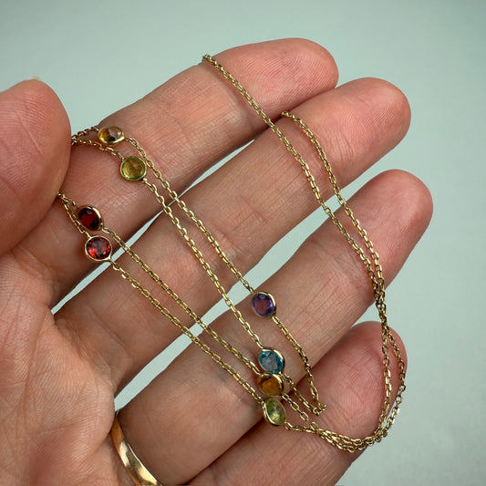 18.5" Solid 14k Yellow Gold Multi-gemstone Station Chain, 1.89 g