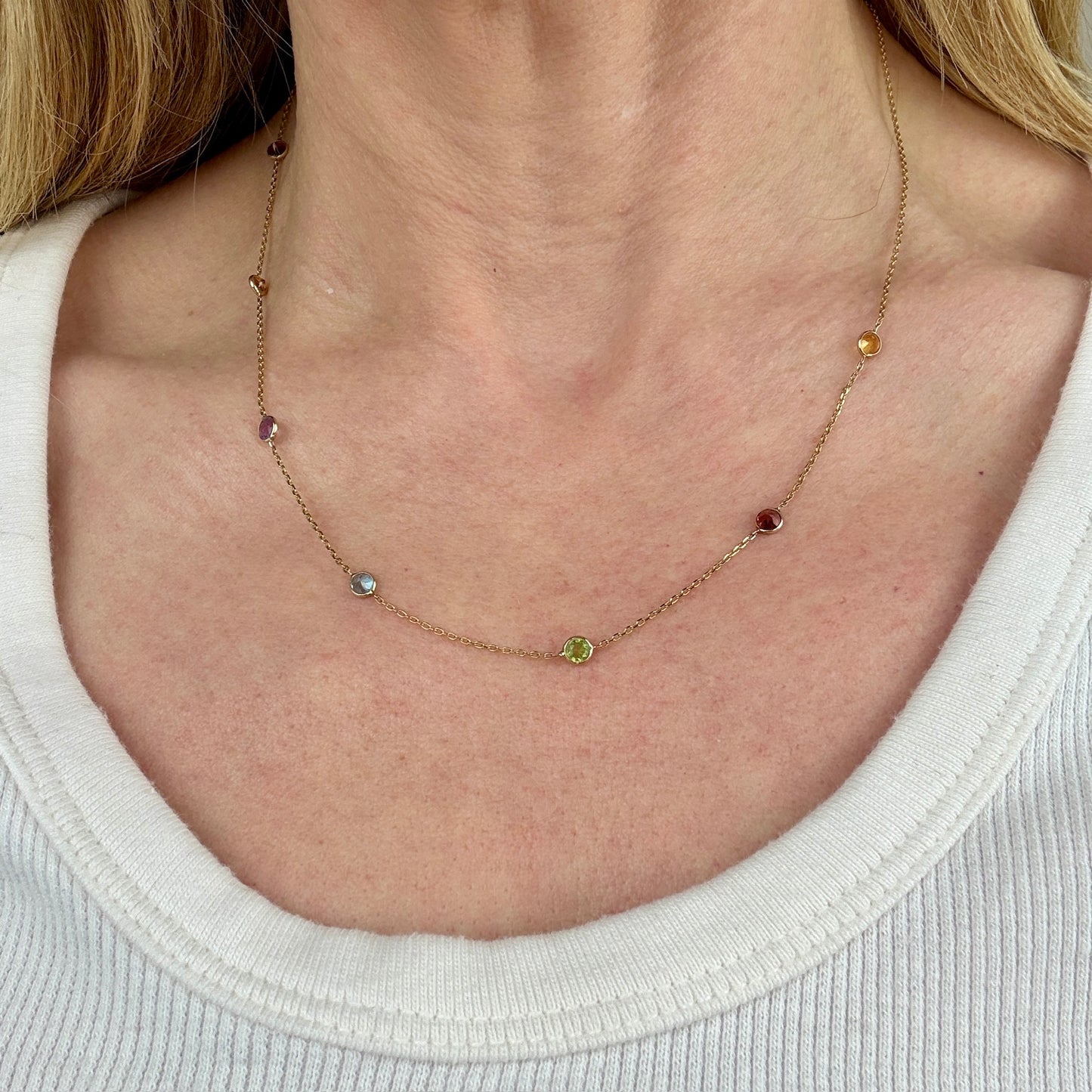18.5" Solid 14k Yellow Gold Multi-gemstone Station Chain, 1.89 g