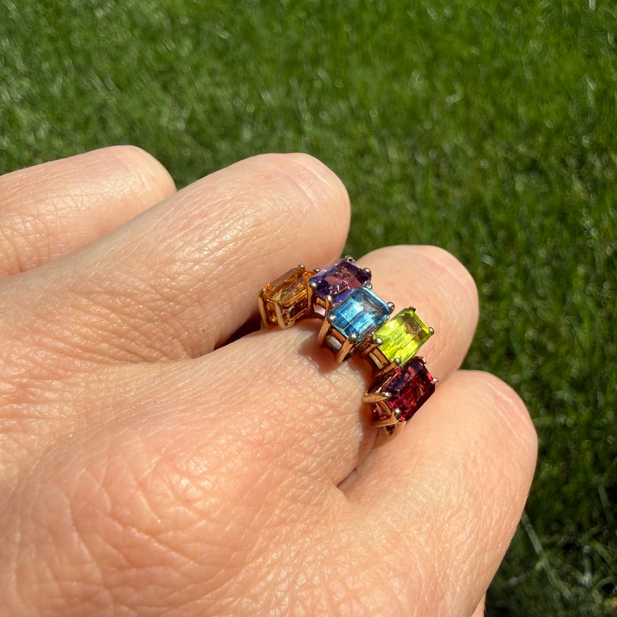 Solid 10K Yellow Gold Eye-catching Five Gemstone Ring, Size 5.75