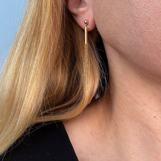 14k Solid Yellow Gold Ball Chain Tassel Dangle Earrings, 2.15 g