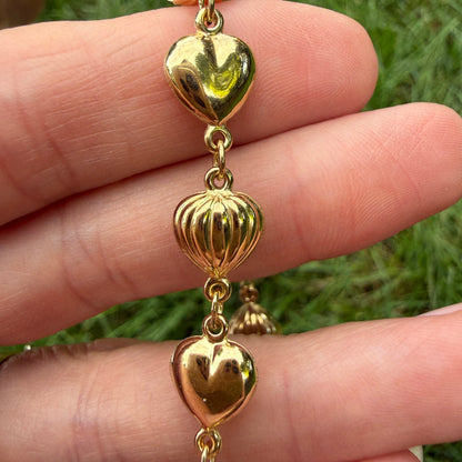 6.5" Solid 10K Yellow Gold Alternating Polished and Ribbed Puff Heart Bracelet, 3.69 g