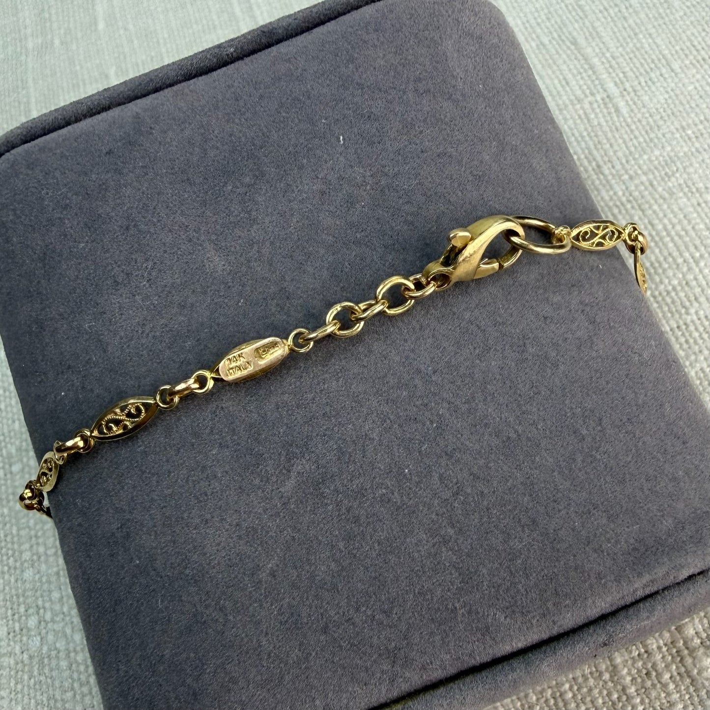 Vintage Solid 14K Yellow Gold Italian Oval Filigree Link Bracelet, 7.25", 3.35 g