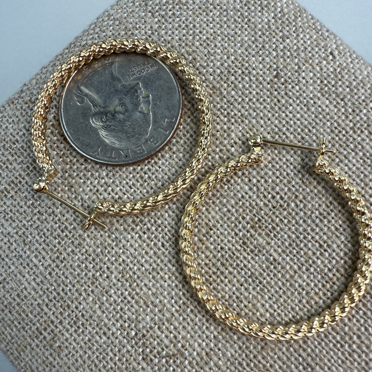 14K Solid Yellow Gold Mid-to-Large Size Rope Hoop Earrings, 3.34 g