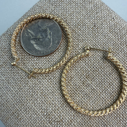 14K Solid Yellow Gold Mid-to-Large Size Rope Hoop Earrings, 3.34 g