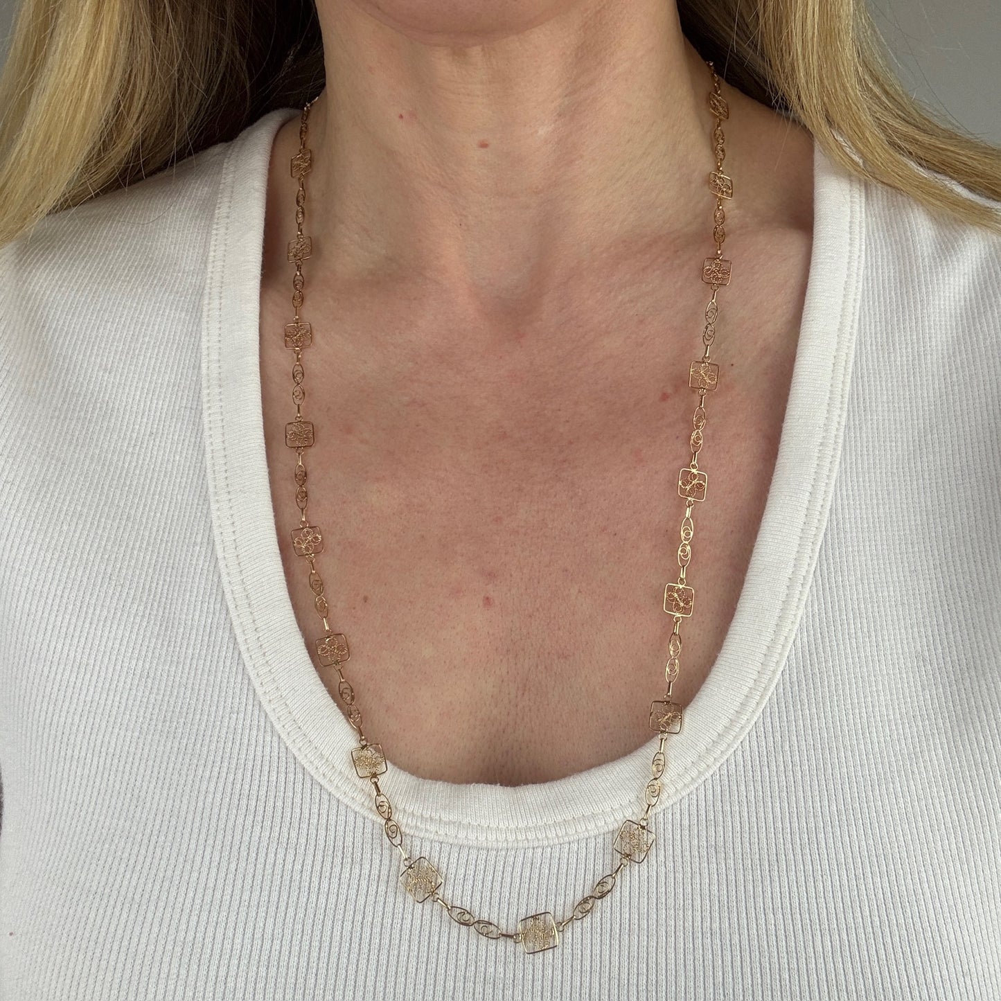 27" Solid 14K Yellow Gold Victorian-inspired Filigree Station Chain, 7.87 g