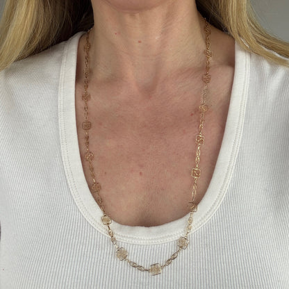 27" Solid 14K Yellow Gold Victorian-inspired Filigree Station Chain, 7.87 g