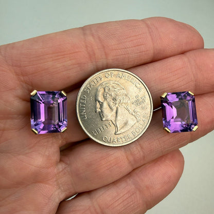 Estate 14k Solid Yellow Gold Elegant Emerald Cut Amethyst Stud Earrings, 4.89g