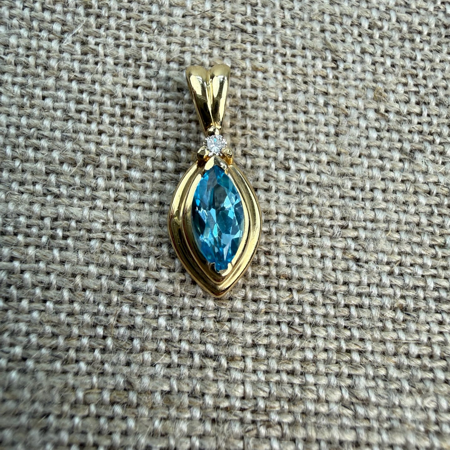 Solid 14K Yellow Gold Marquise-Cut Blue Topaz with diamond Pendant, 1.65 grams