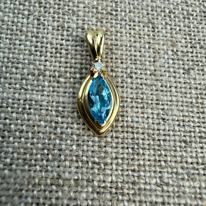Solid 14K Yellow Gold Marquise-Cut Blue Topaz with diamond Pendant, 1.65 grams