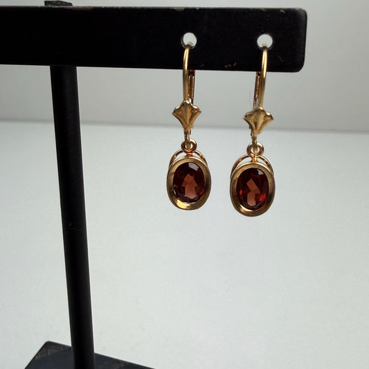 14k Solid Yellow Gold Vintage Garnet Dangle Lever Back Earrings, 1.8 g
