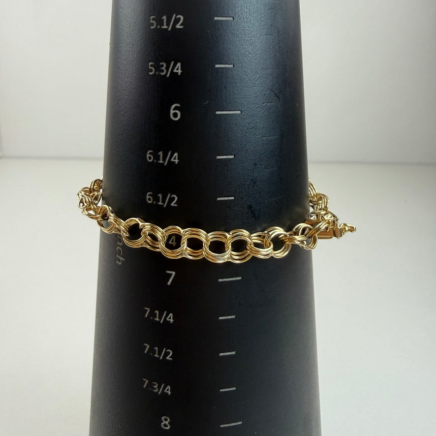 6.75" Vintage Solid 14K Yellow Gold Triple Circle Link Bracelet, 7.58 g