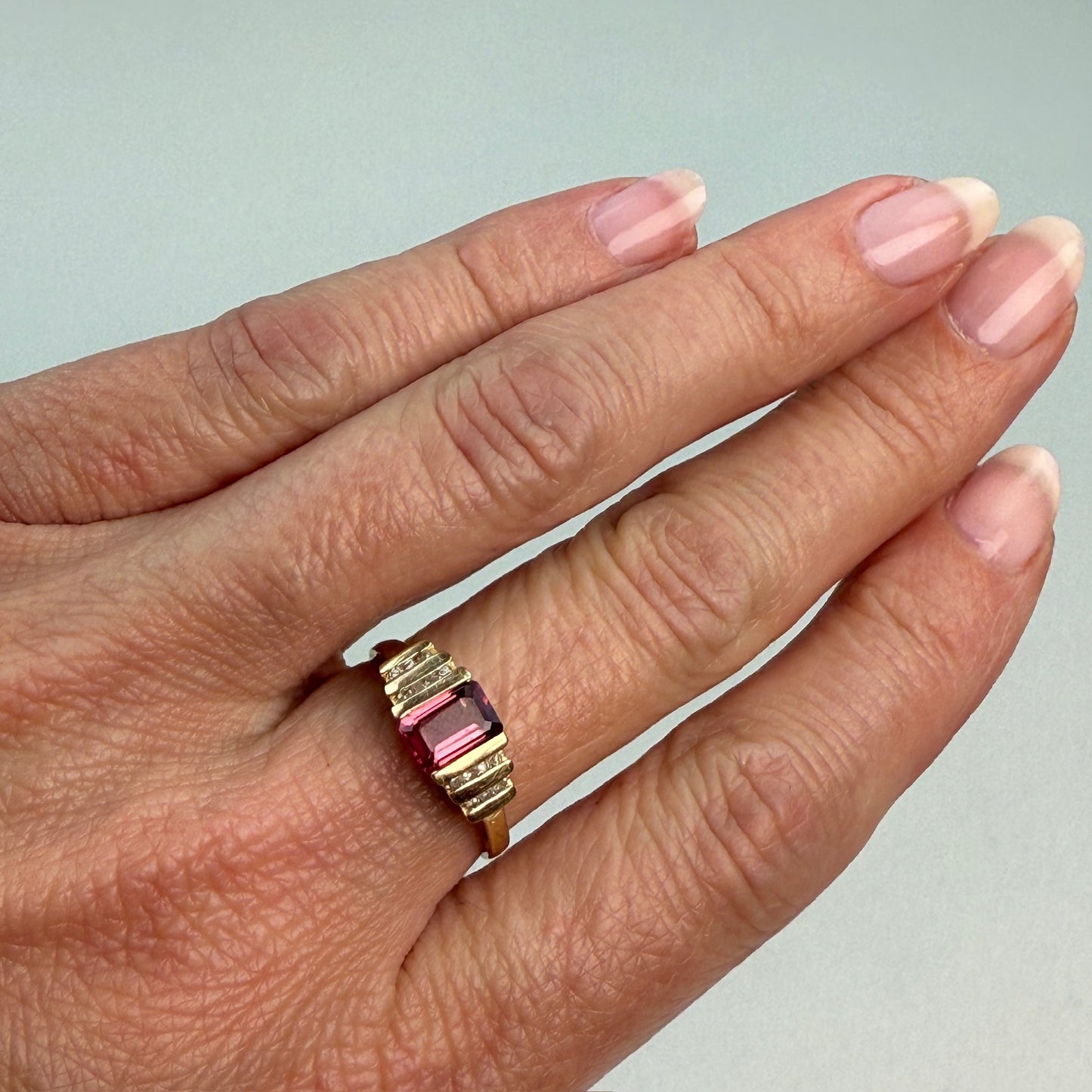 Solid 10K Yellow Gold Vintage Pink Tourmaline and Diamond Ring, Size 7