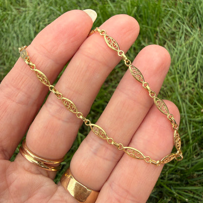 6.75" Vintage Solid 14K Yellow Gold Oval Filigree Link Bracelet, 2.66 g
