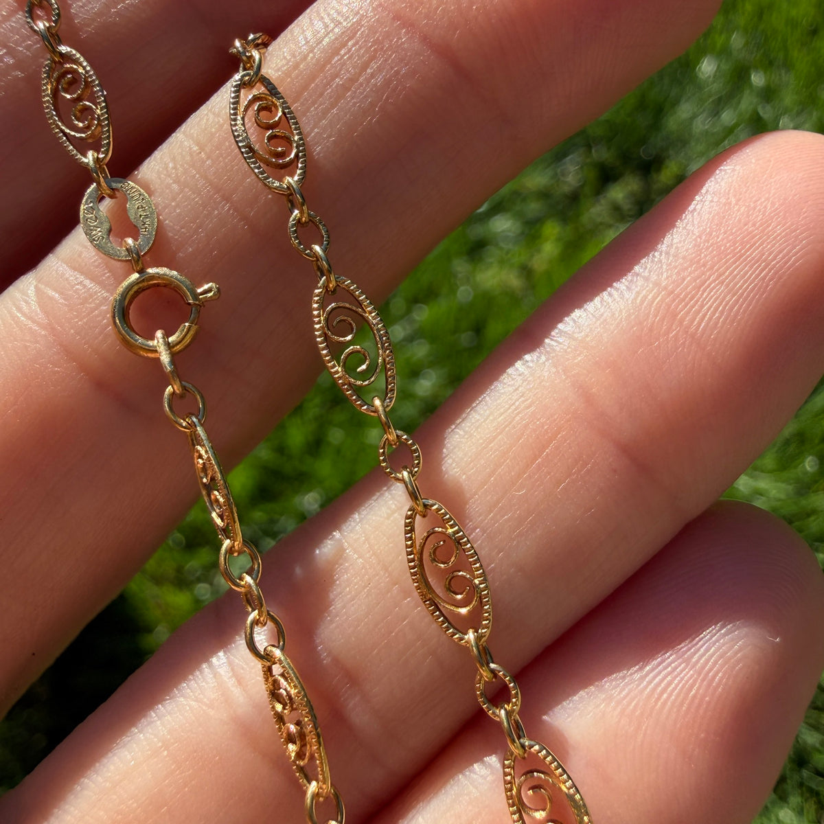 Vintage 18" Solid 14K Yellow Gold Filigree Scroll Link Necklace, 4.48 g