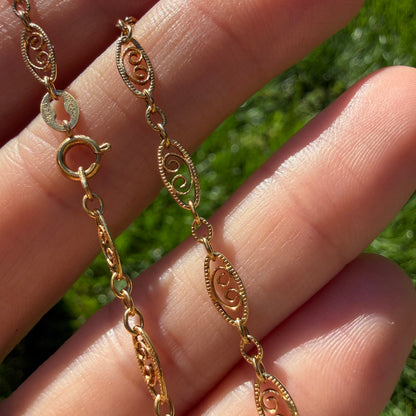 Vintage 18" Solid 14K Yellow Gold Filigree Scroll Link Necklace, 4.48 g
