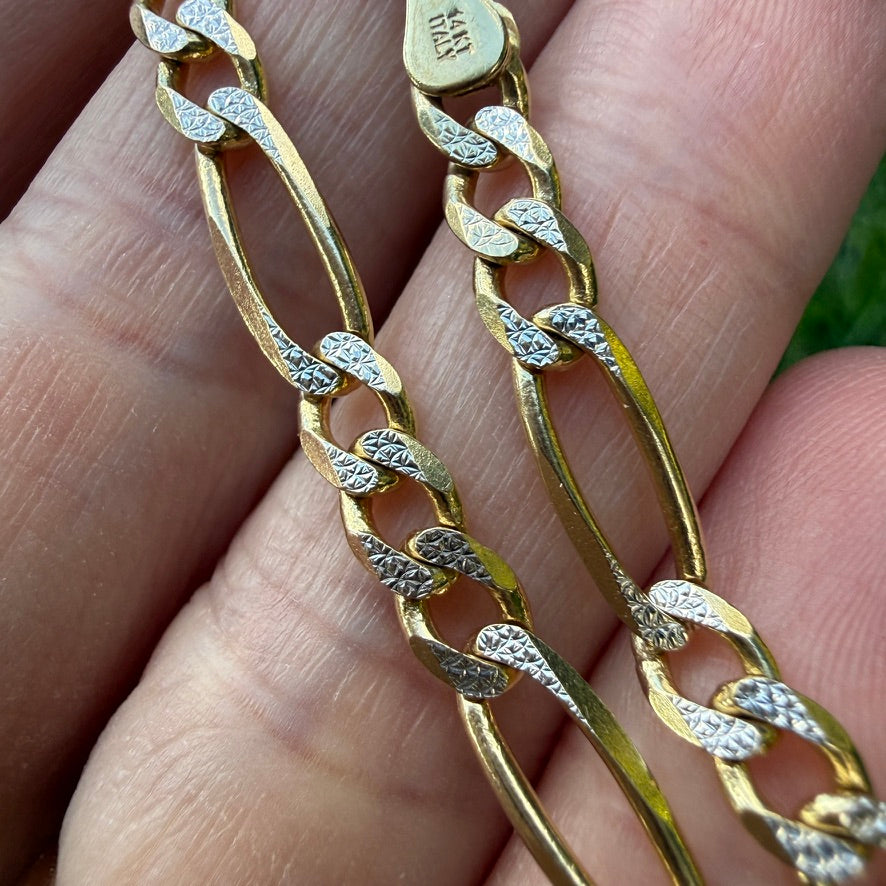 6.75" Italian Solid 14K Yellow & White Gold Faceted Figaro Bracelet, 6.37g