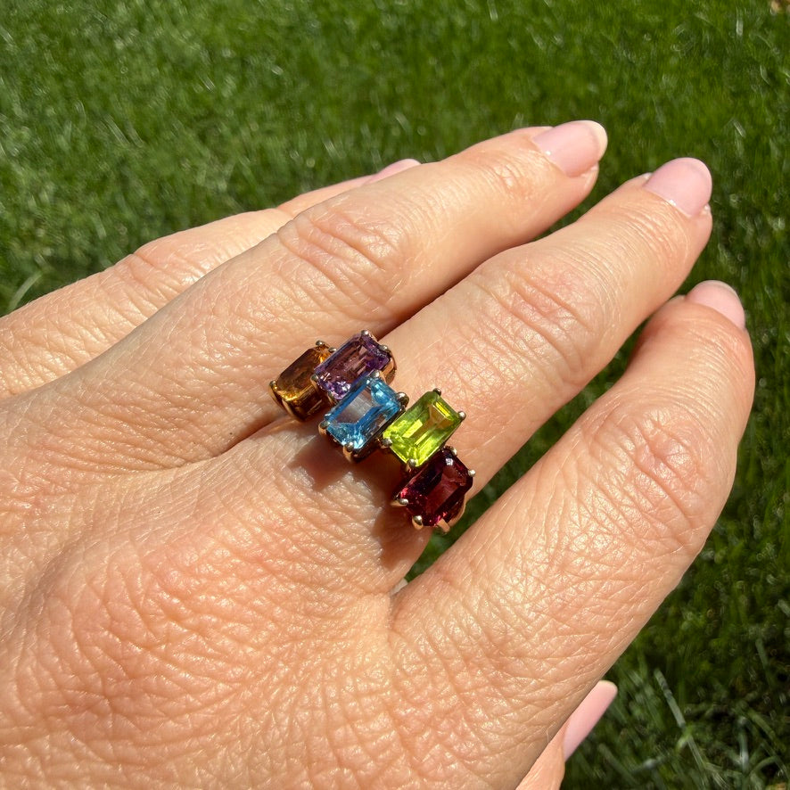 Solid 10K Yellow Gold Eye-catching Five Gemstone Ring, Size 5.75