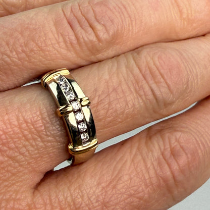 Solid 14K Yellow Gold Two-tone Linear Diamond Ring, Size 7.5