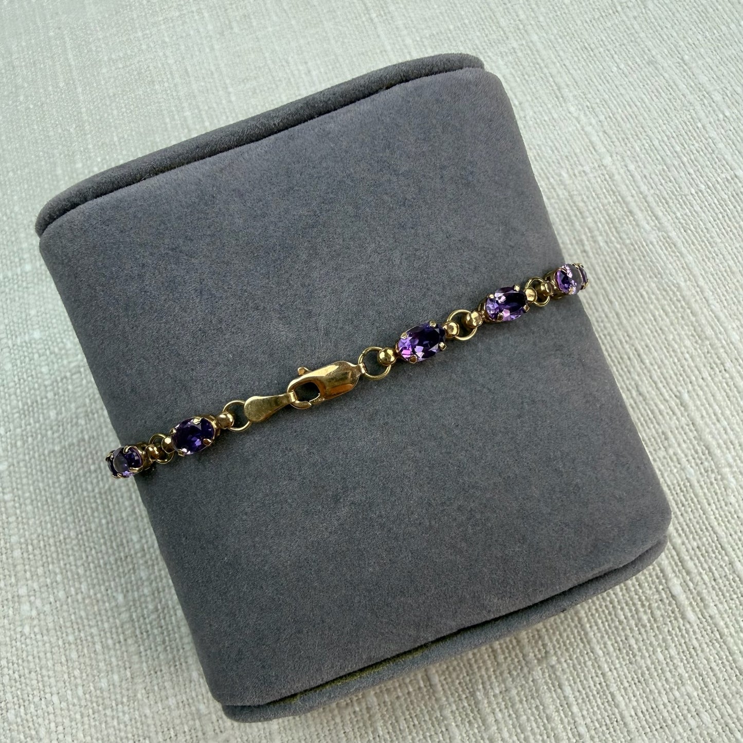 6.75" Solid 10K Yellow Gold Oval Amethyst Link Bracelet, 4.5g