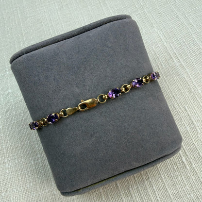 6.75" Solid 10K Yellow Gold Oval Amethyst Link Bracelet, 4.5g