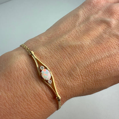 5.5-5.75" Solid 14K Yellow Gold Opal and Diamond&nbsp; Bracelet, 3.57 g