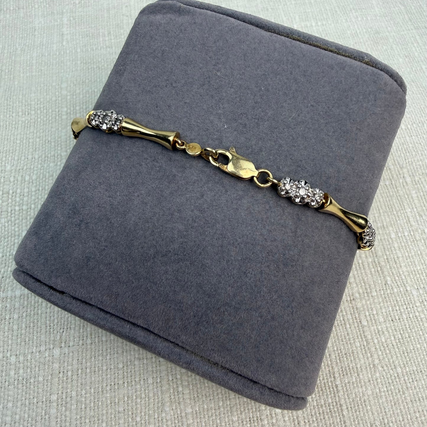 Vintage Solid Two-tone 10K Bow-tie Diamond Bracelet, 7"