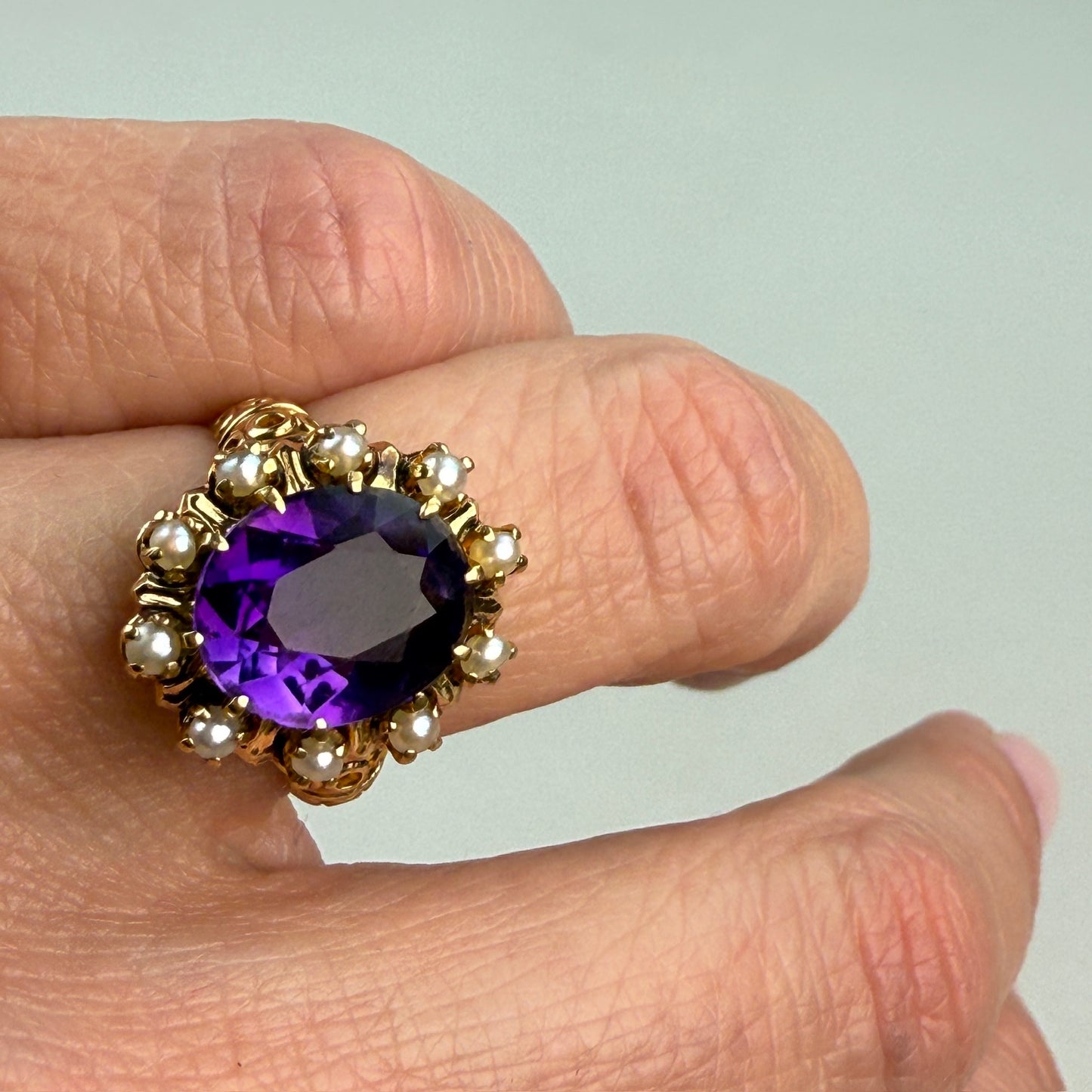 Vintage 10K Amethyst & Seed Pearl Victorian Revival Cluster Ring, Size 4.5