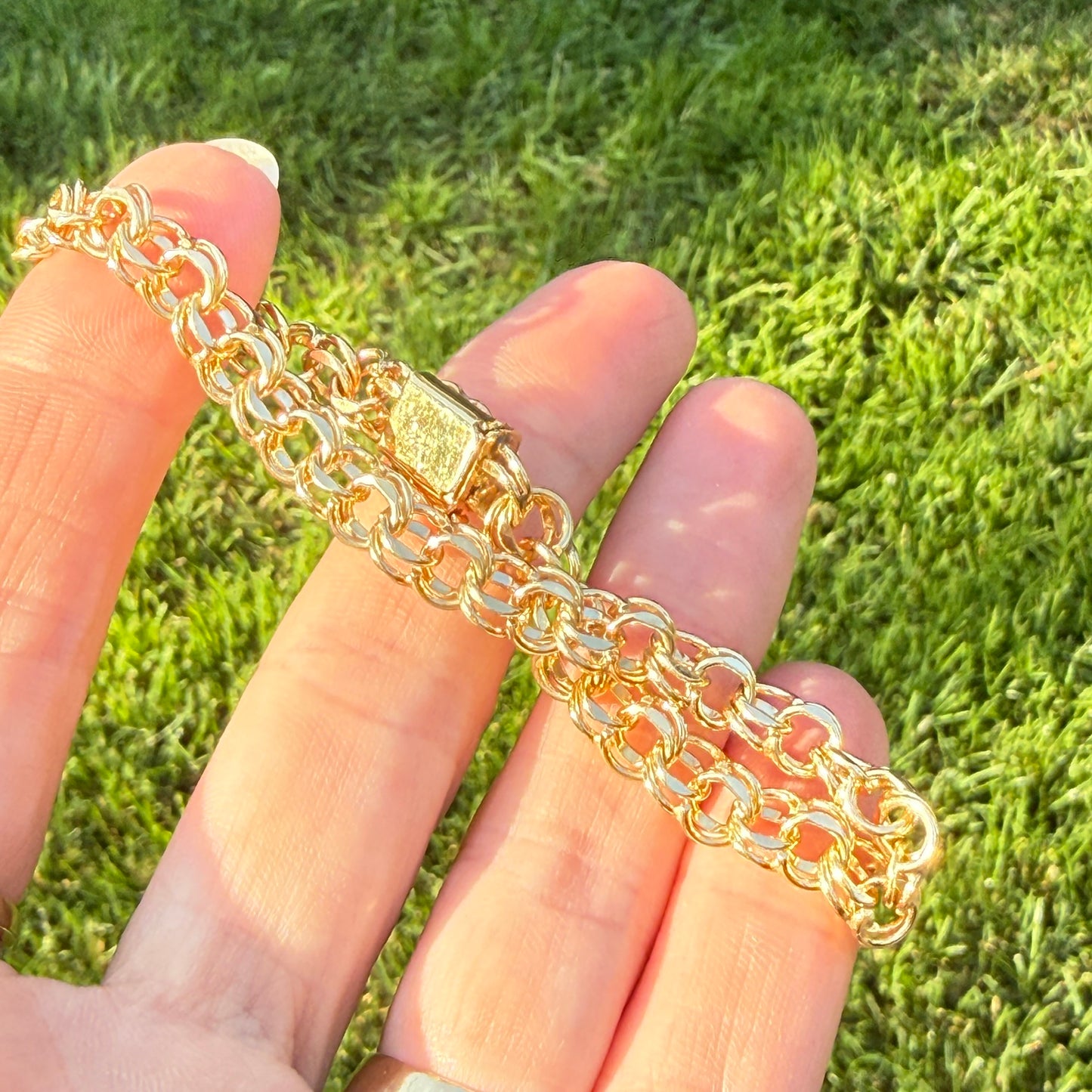 6.75+" Vintage Solid 14K Yellow Gold Faceted Double Circle Link Bracelet, 12.21 g