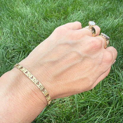 6.75" Solid 10K Yellow Gold Open Heart Textured Link Bracelet, 4.86 g