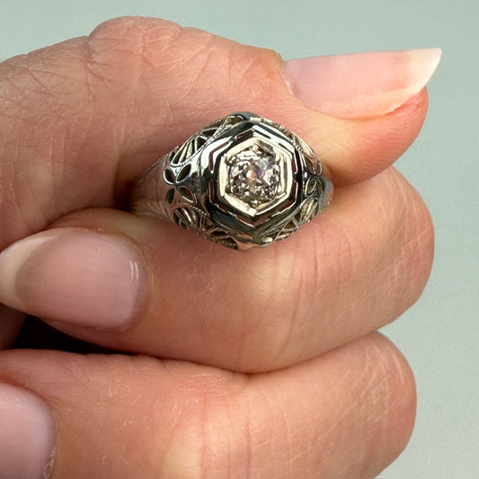 Vintage Solid 18K White Gold Art Deco Old Mine Cut Diamond Ring, Size 6.25