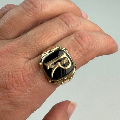 Vintage Solid 10K Yellow Gold and Onyx "R" Signet Ring, Size 10