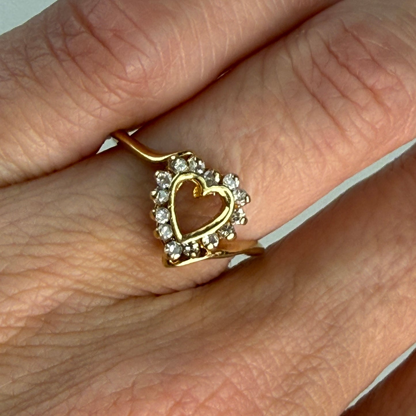 Solid 14K Yellow Gold Diamond Open Heart Ring with Square Shank, Size 5.5