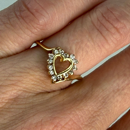 Solid 14K Yellow Gold Diamond Open Heart Ring with Square Shank, Size 5.5