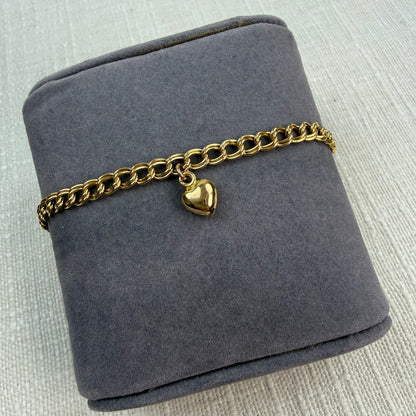 7"  Italian Solid 14K Yellow Gold Double Link Bracelet with Heart Charm, 2.94g