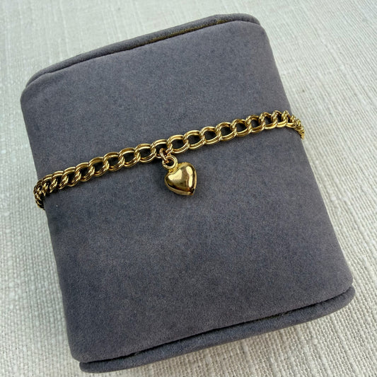 7"  Italian Solid 14K Yellow Gold Double Link Bracelet with Heart Charm, 2.94g