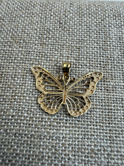 Solid 10K Yellow and White Gold Filigree Butterfly pendant, 1.14 grams