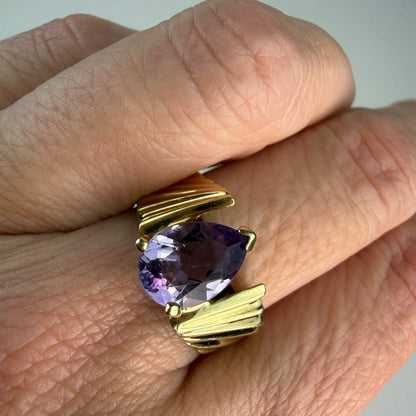 Solid 10K Yellow Gold Pear-shaped Amethyst Sculptural Ring, Size 7.75