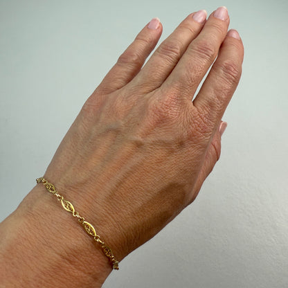 Vintage Solid 14K Yellow Gold Italian Oval Filigree Link Bracelet, 7.25", 3.35 g