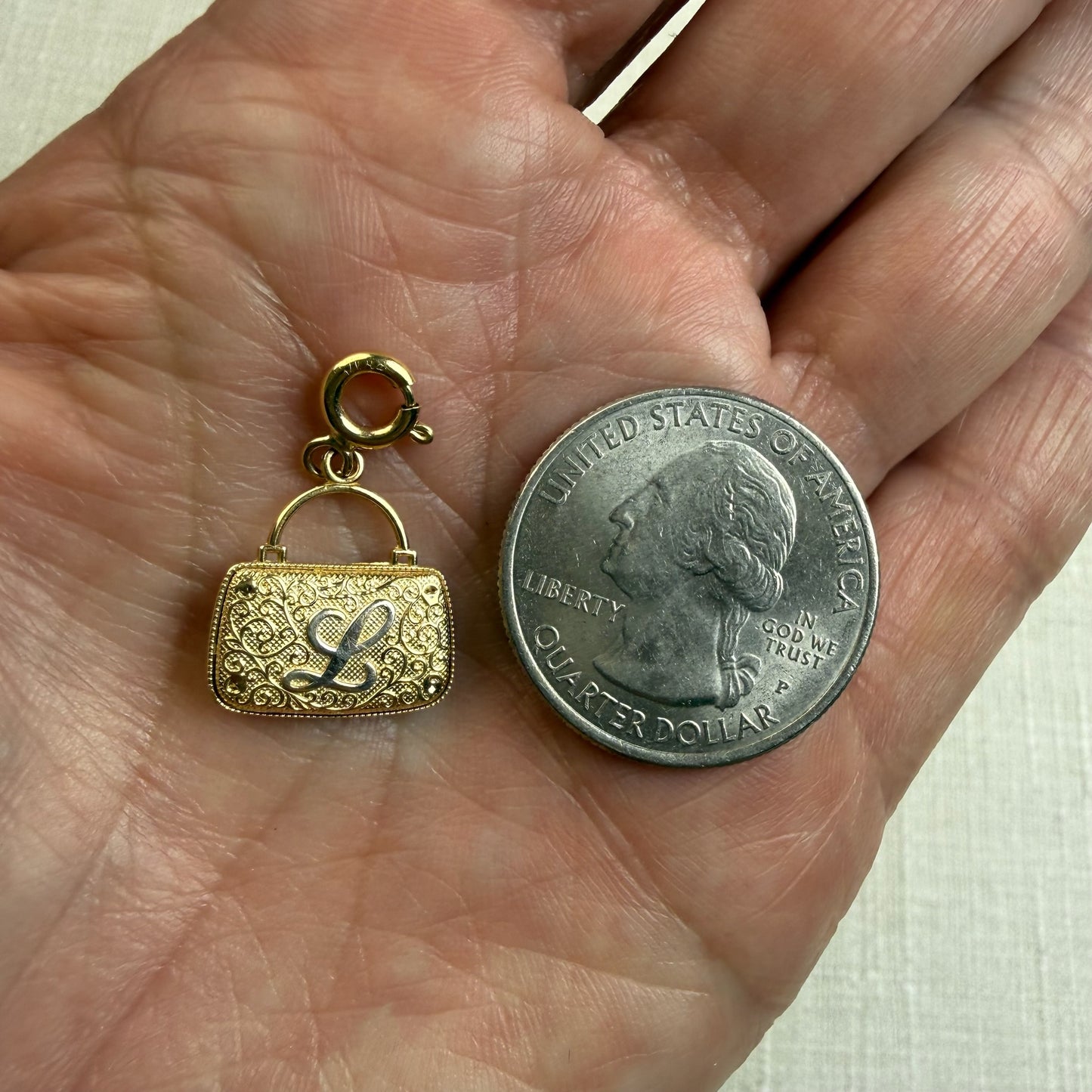 Solid 14K Two Tone Michael Anthony Handbag Pendant/Charm with Script "L", 1.53 grams