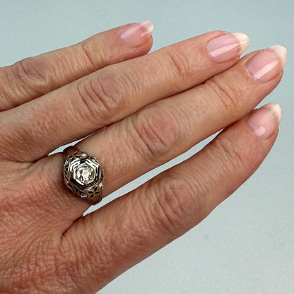 Vintage Solid 18K White Gold Art Deco Old Mine Cut Diamond Ring, Size 6.25