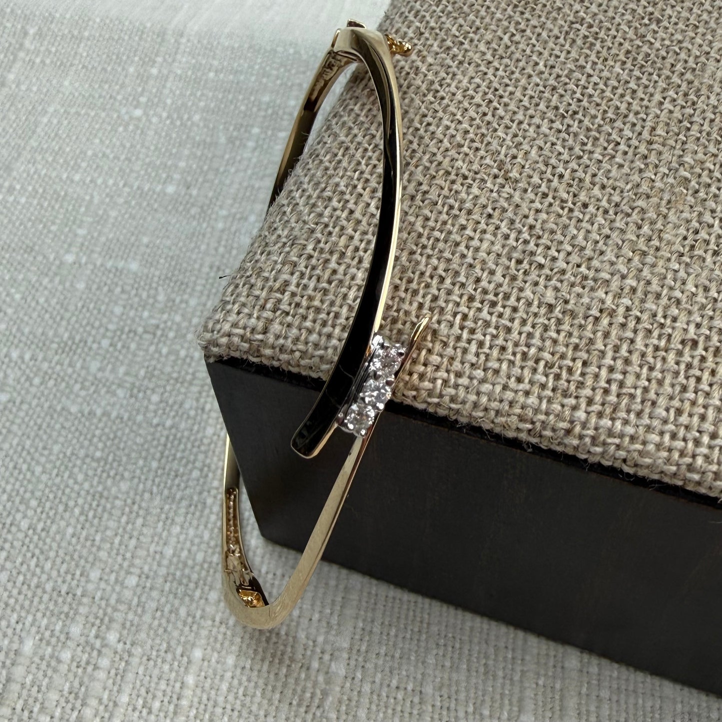 Solid 10K Yellow Gold 3 Diamond Oval Bangle, 6.75"